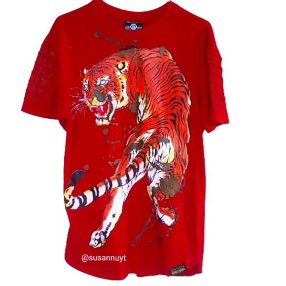 Switch Red Ribbed Rhinestone Short Sleeve Orange Circus Tiger Animalcore Top♥️ - Picture 1 of 9